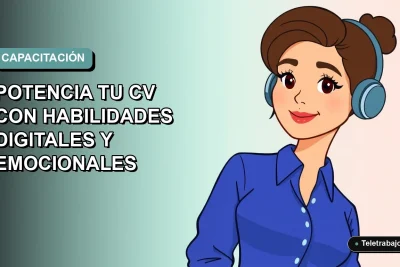 Ilustración plana de mujer profesional sonriente con blusa azul, sobre fondo degradado verde azulado, representando capacitación digital SENCE.