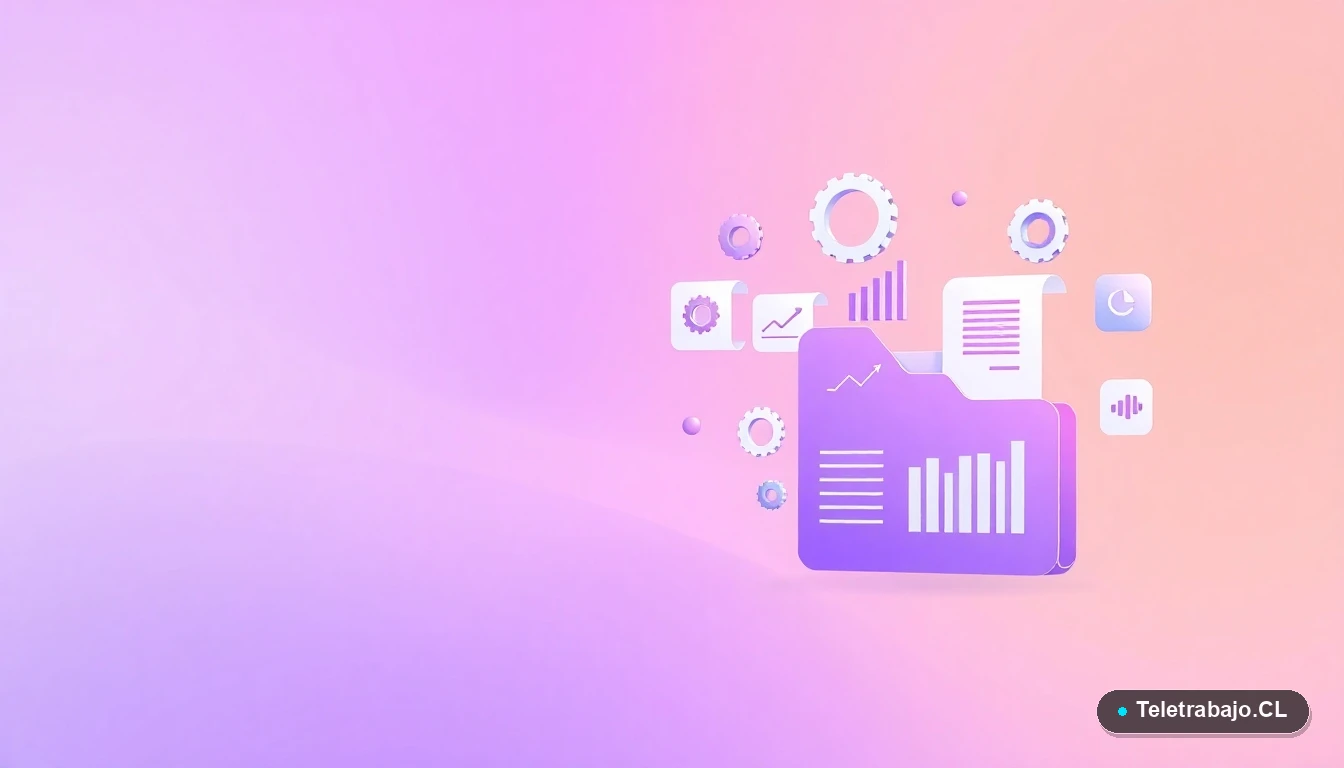 Composición abstracta de interfaz de usuario con gráficos flotantes y iconos de engranaje y carpeta, sobre fondo degradado lila, concepto de habilidades digitales.