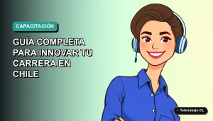 Ilustración vectorial plana de una mujer profesional chilena sonriente, con blusa azul y corte de pelo moderno, sobre fondo degradado verde azulado. Representa capacitación y nuevos comienzos laborales.