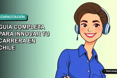 Ilustración vectorial plana de una mujer profesional chilena sonriente, con blusa azul y corte de pelo moderno, sobre fondo degradado verde azulado. Representa capacitación y nuevos comienzos laborales.