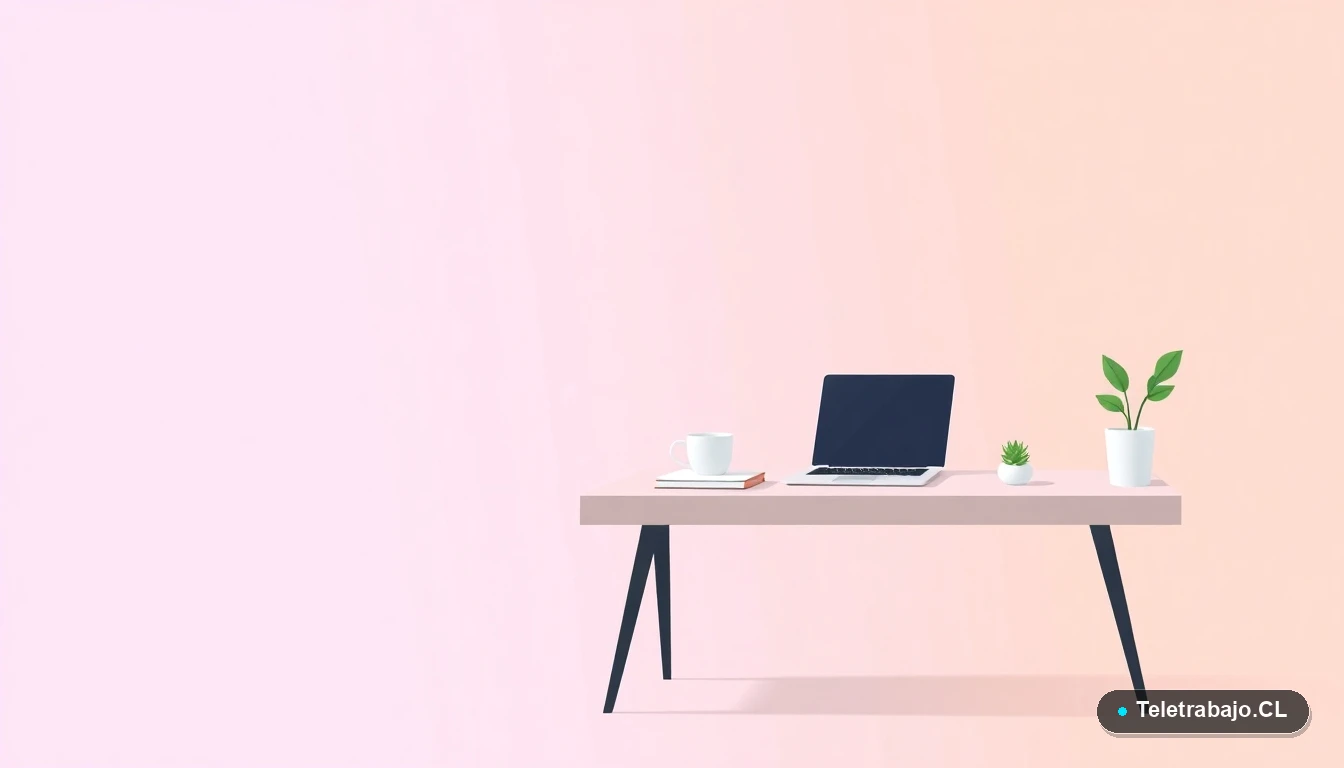 Escritorio moderno minimalista con laptop, cuaderno, taza de café y planta suculenta, ilustración vectorial plana sobre fondo degradado lila y durazno, representando un espacio de trabajo productivo y renovado.