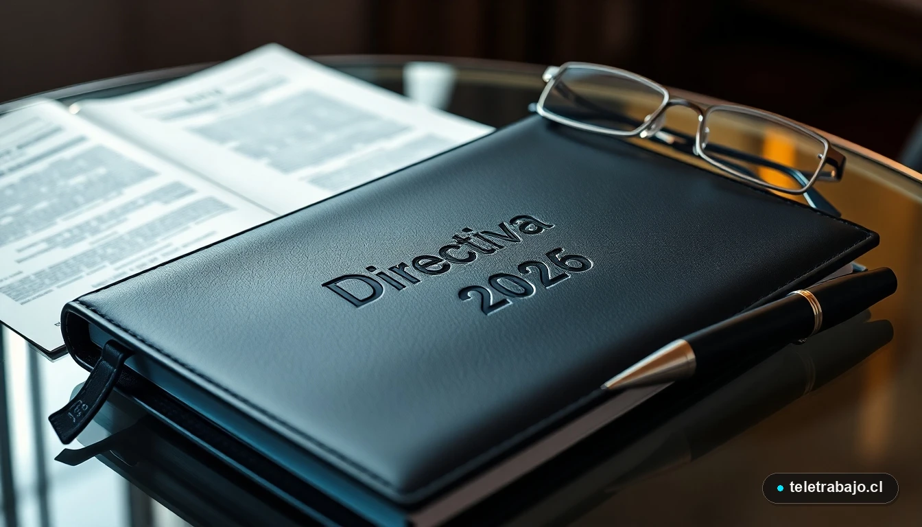 Detalle macro de una agenda de cuero negro grabada con 'Directiva 2026', una pluma estilográfica y gafas de lectura sobre documentos legales difuminados.