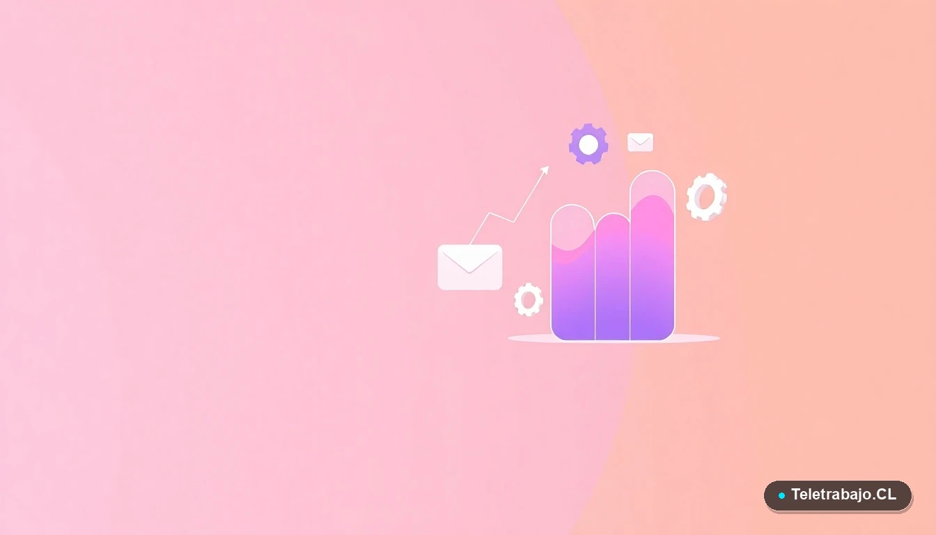 Elementos de interfaz de usuario abstractos: gráficos, engranajes y carpetas flotantes sobre fondo degradado melocotón, representando gestión y datos.