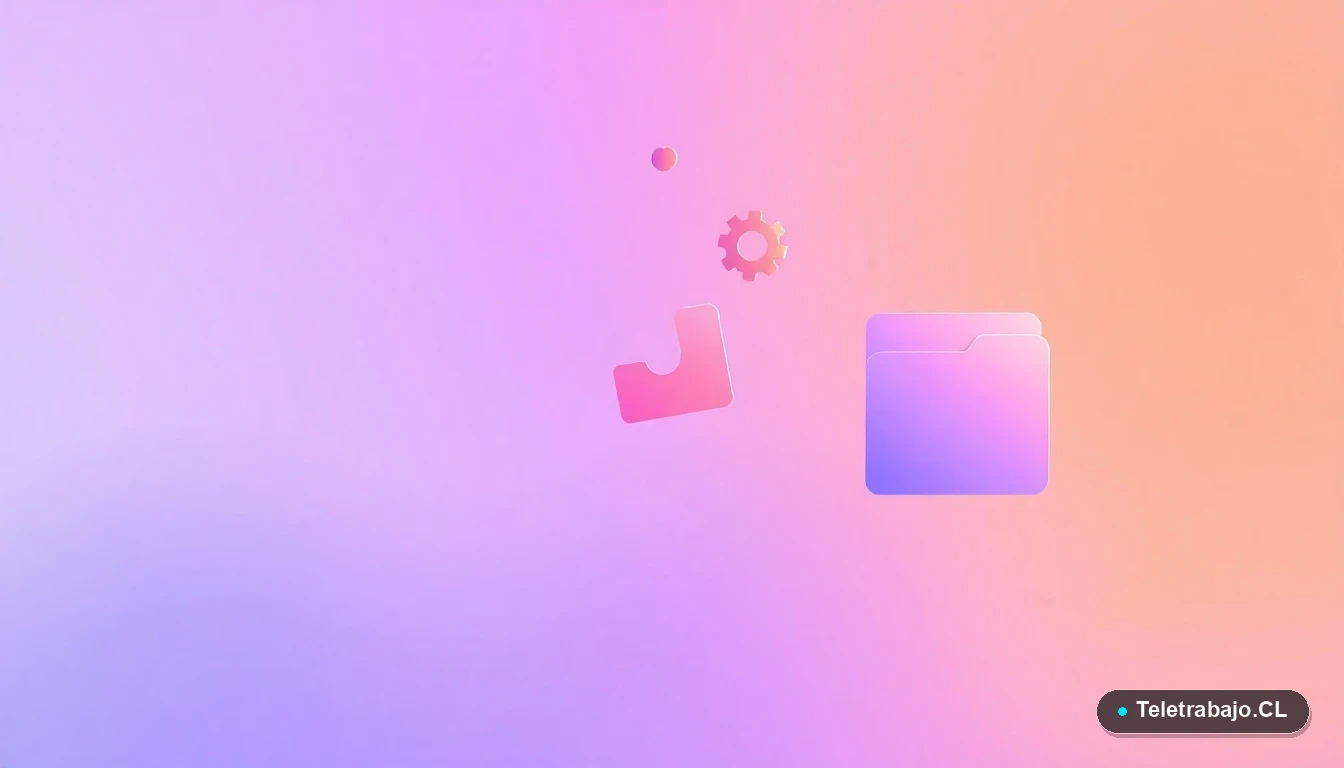 Elementos de interfaz de usuario abstractos y modernos, como gráficos y engranajes flotantes, en tonos lavanda y durazno, estilo ilustración vectorial plana.