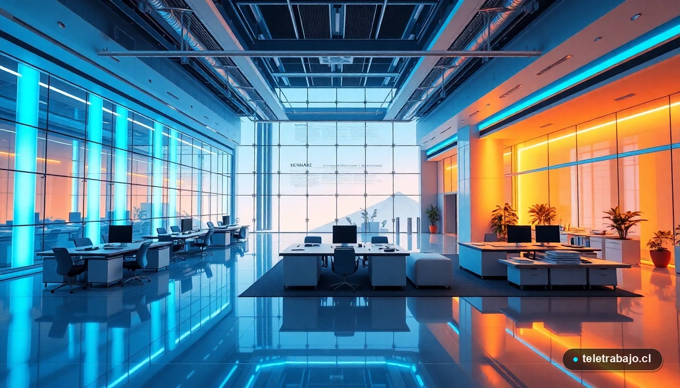 Espacio de trabajo corporativo futurista y minimalista con iluminación azul y naranja, representando estrategia e innovación