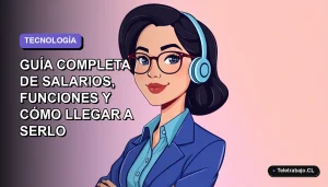 Ilustración plana de mujer profesional de tecnología en Chile, con blusa azul, mirando a la cámara, fondo degradado lavanda vacío.