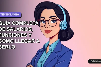Ilustración plana de mujer profesional de tecnología en Chile, con blusa azul, mirando a la cámara, fondo degradado lavanda vacío.