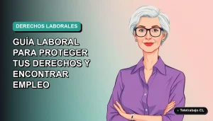 Ilustración vectorial plana de una mujer profesional chilena mayor, con expresión segura, sobre fondo degradado azul verdoso. Representa la lucha contra la discriminación etaria en el trabajo.