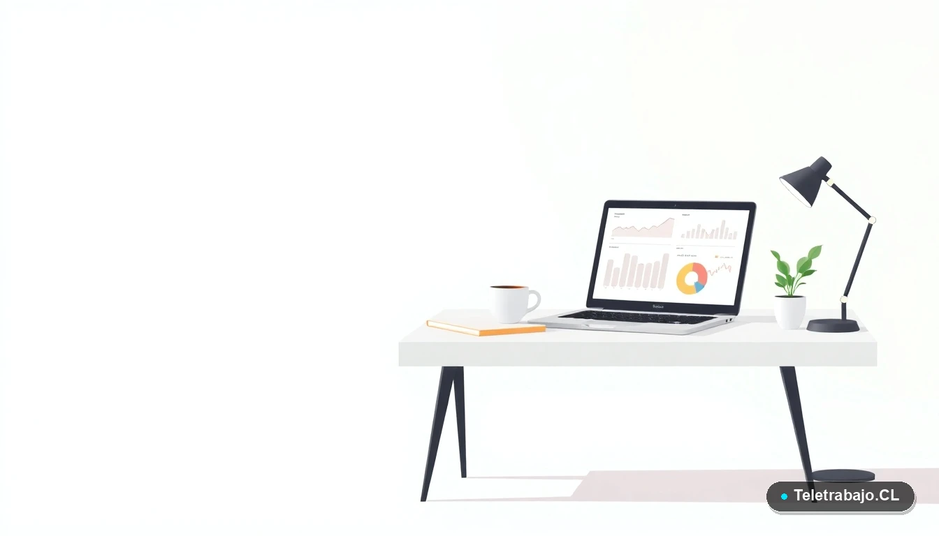 Escritorio moderno minimalista para teletrabajo, con laptop, cuaderno, taza de café y una planta, sobre fondo degradado verde menta. Representa un entorno laboral profesional e inclusivo.