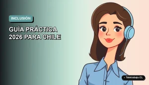 Ilustración vectorial plana de una mujer profesional de teletrabajo con blusa azul, sobre fondo degradado suave azul verdoso. Espacio negativo a la izquierda.