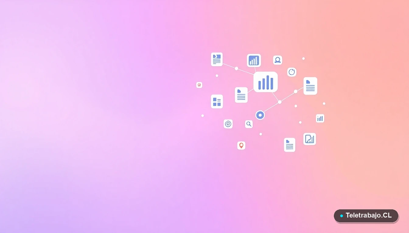 Composición abstracta de interfaz de usuario tecnológica con gráficos y iconos flotantes, sobre fondo degradado lila y melocotón. Concepto de datos y procesos.