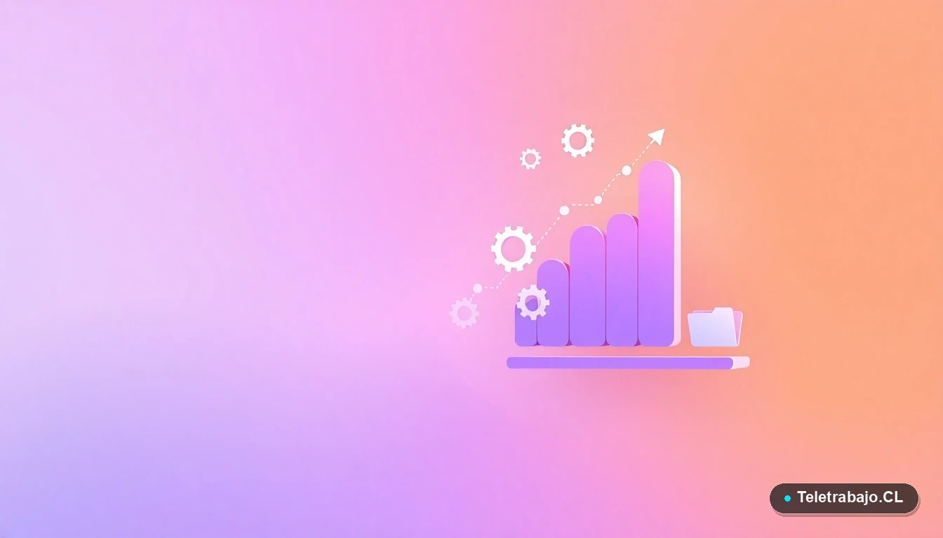 Composición abstracta de interfaz de usuario con gráficos flotantes, engranajes y carpetas en tonos lavanda y durazno. Fondo degradado moderno. Concepto de tecnología y planificación.