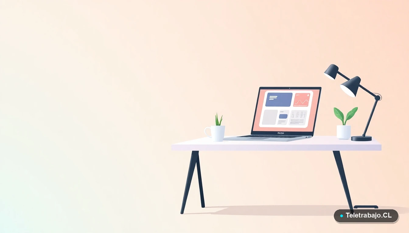 Escritorio moderno minimalista para diseñador gráfico remoto, con laptop, taza de café y planta, sobre fondo degradado en tonos menta.