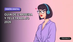 Ilustración vectorial plana de una diseñadora gráfica chilena trabajando de forma remota en 2026, con fondo degradado lavanda.