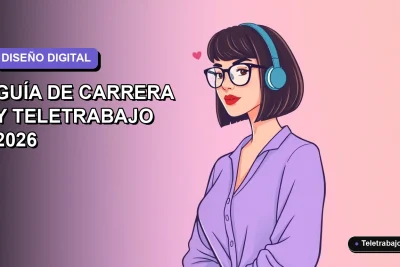 Ilustración vectorial plana de una diseñadora gráfica chilena trabajando de forma remota en 2026, con fondo degradado lavanda.