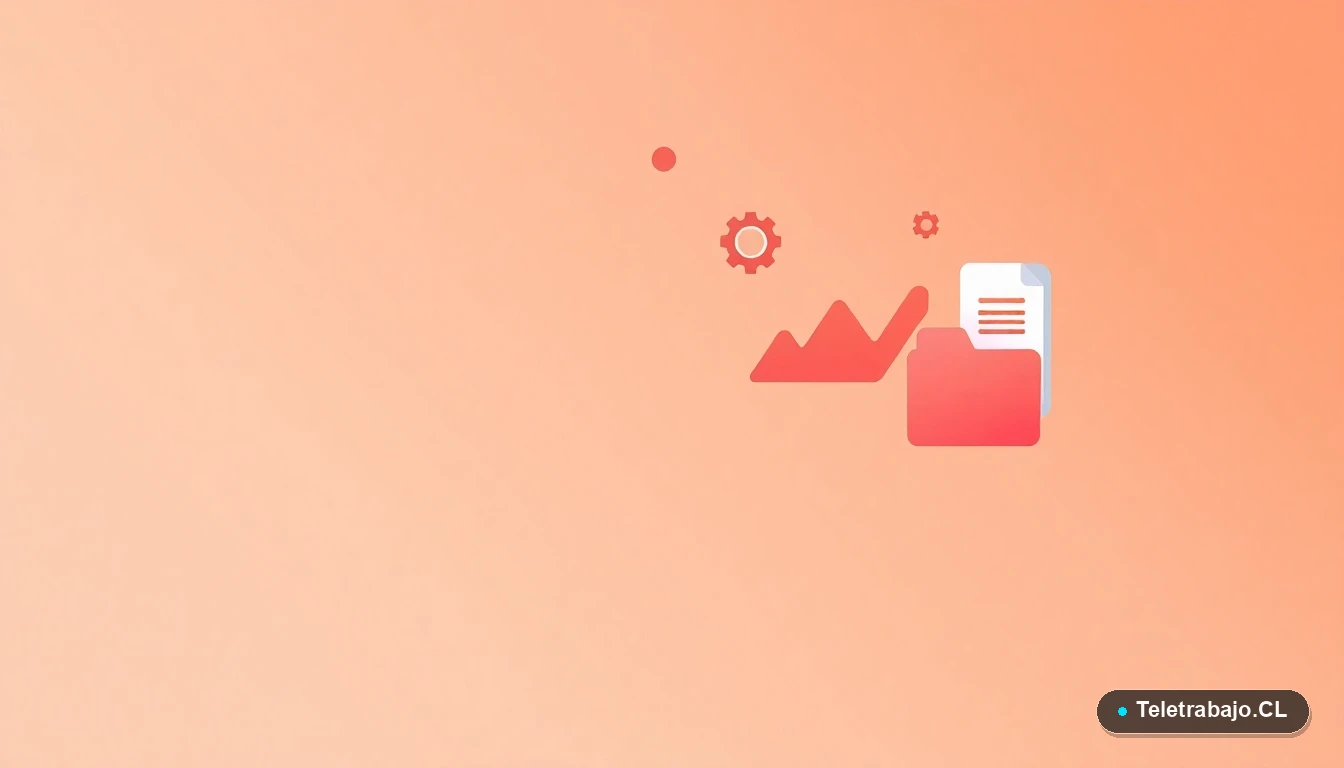 Elementos de interfaz de usuario abstractos y minimalistas, gráficos y carpetas flotantes, sobre fondo degradado melocotón.