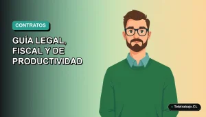 Ilustración vectorial plana de un hombre profesional con suéter verde trabajando de forma remota, sobre un fondo degradado azul verdoso. Representa el doble contrato de trabajo en Chile.