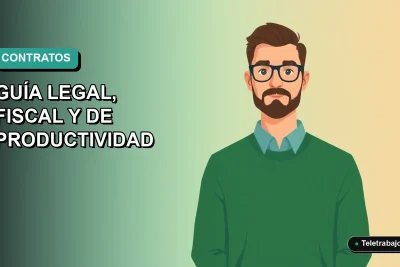 Ilustración vectorial plana de un hombre profesional con suéter verde trabajando de forma remota, sobre un fondo degradado azul verdoso. Representa el doble contrato de trabajo en Chile.