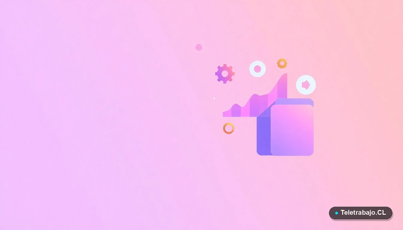 Composición abstracta de interfaz de usuario con gráficos flotantes, un engranaje y una carpeta, sobre fondo degradado lila. Concepto visual para gestión de productividad y sistemas.