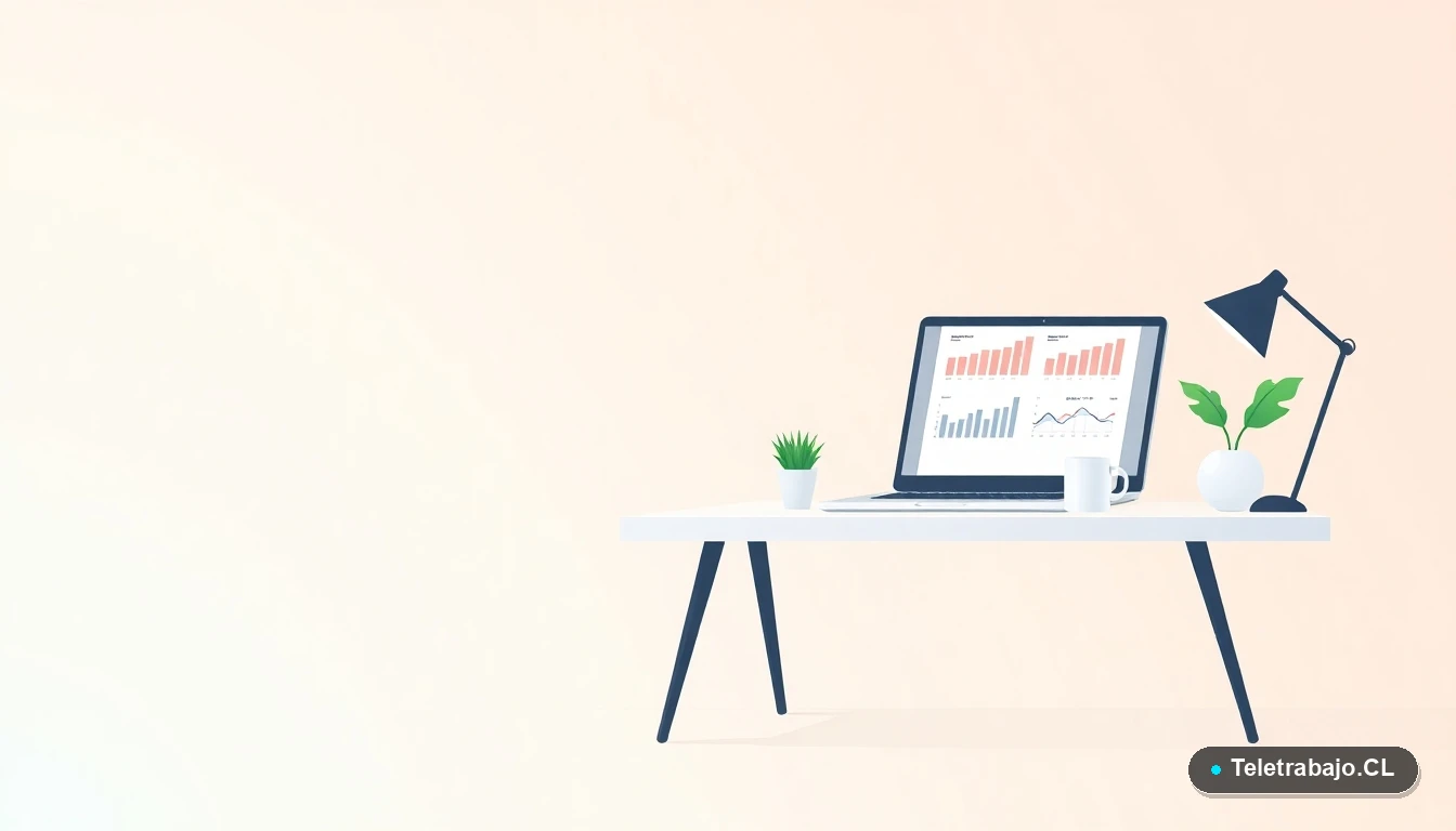 Escritorio moderno minimalista con laptop mostrando gráficos, una planta y una taza de café, sobre fondo degradado menta. Concepto de productividad y análisis de datos en Excel.