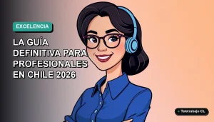 Ilustración plana de una mujer profesional chilena sonriendo, con blusa azul y anteojos, sobre fondo degradado verde azulado. Representa el dominio de la función BUSCARX en Excel para el trabajo remoto.