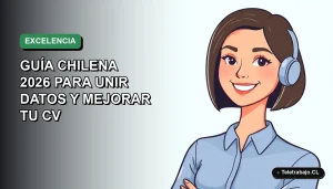 Ilustración plana vectorial de una profesional chilena sonriente, con blusa azul y corte bob, sobre fondo degradado verde agua. Representa el dominio de Excel para mejorar el currículum.
