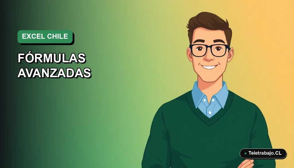 Ilustración vectorial plana de un trabajador remoto masculino en Chile, analizando datos con fórmulas avanzadas de Excel en un fondo degradado verde marino.