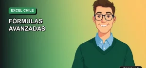 Ilustración vectorial plana de un trabajador remoto masculino en Chile, analizando datos con fórmulas avanzadas de Excel en un fondo degradado verde marino.