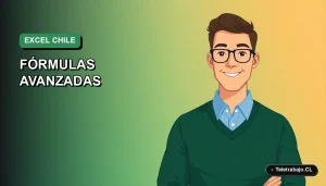 Ilustración vectorial plana de un trabajador remoto masculino en Chile, analizando datos con fórmulas avanzadas de Excel en un fondo degradado verde marino.