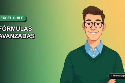 Ilustración vectorial plana de un trabajador remoto masculino en Chile, analizando datos con fórmulas avanzadas de Excel en un fondo degradado verde marino.