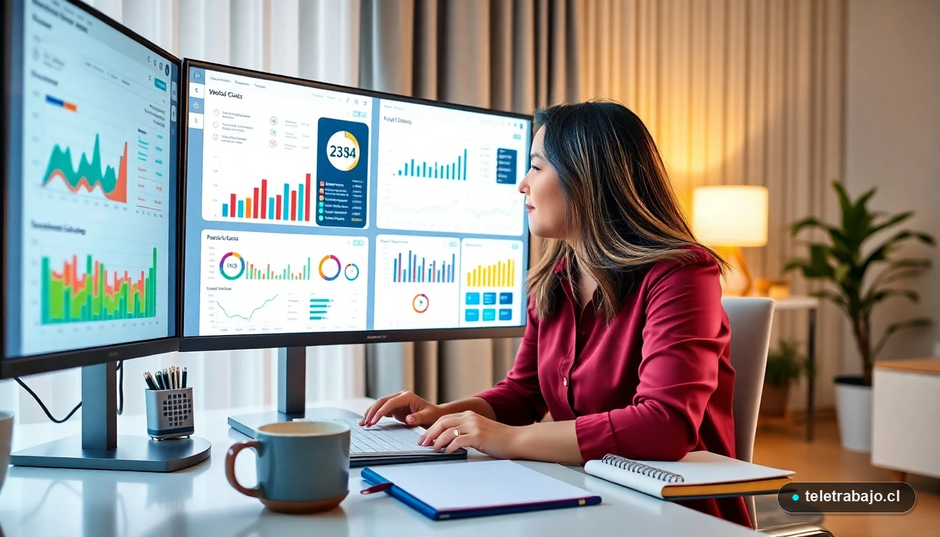 Mujer profesional analizando datos para teletrabajo en Chile con dashboard interactivo