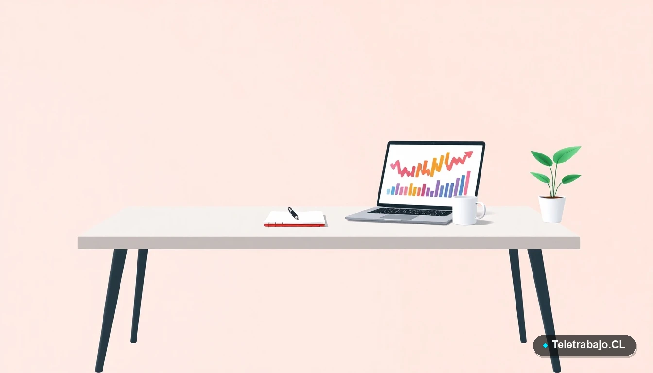 Escritorio moderno minimalista con laptop, gráficos, cuaderno y café, ilustración vectorial plana para artículo de análisis de datos.