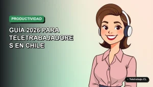 Ilustración plana de mujer profesional chilena teletrabajando sonriendo, fondo degradado verde azulado, concepto de productividad en Word y Excel.