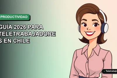 Ilustración plana de mujer profesional chilena teletrabajando sonriendo, fondo degradado verde azulado, concepto de productividad en Word y Excel.