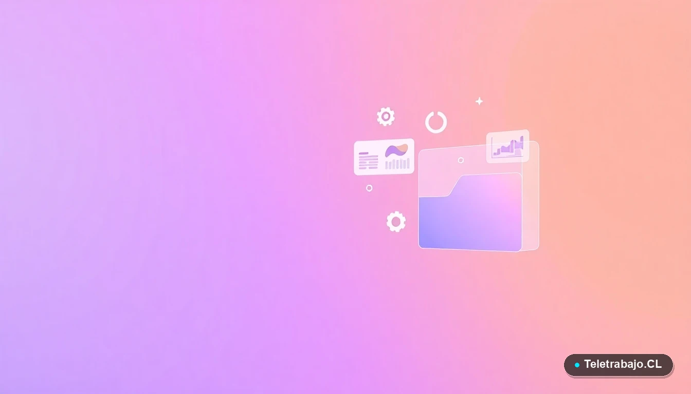 Interfaz de usuario abstracta con iconos flotantes de gráficos, engranajes y carpetas, estilo ilustración plana, fondo degradado lavanda, concepto de herramientas digitales avanzadas.