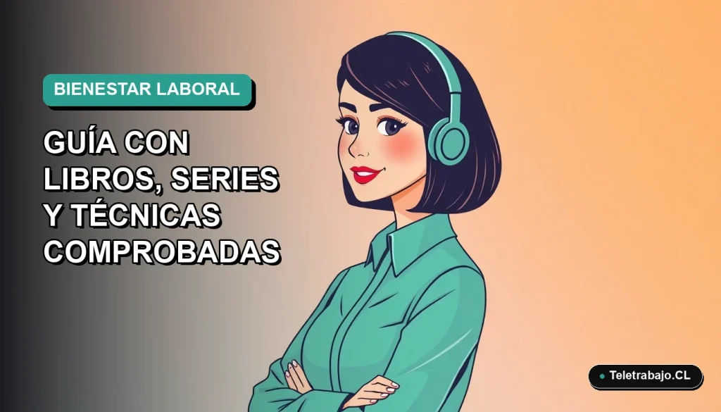 Ilustración plana de mujer profesional chilena sonriente, con fondo degradado verde azulado, representando el manejo del estrés laboral.