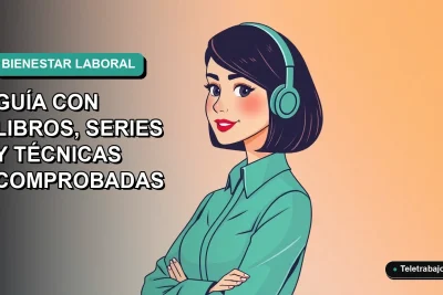 Ilustración plana de mujer profesional chilena sonriente, con fondo degradado verde azulado, representando el manejo del estrés laboral.