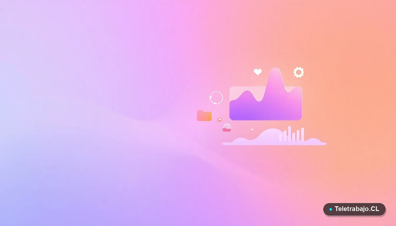 Interfaz de usuario abstracta con gráficos y iconos flotantes en tonos lavanda y durazno, concepto de gestión de productividad y datos.