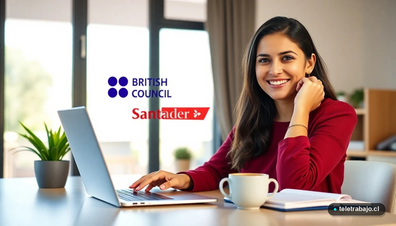 Profesional chilena estudiando inglés online con becas Santander y British Council para mejorar su empleabilidad en teletrabajo