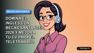 Ilustración vectorial plana de una mujer profesional de teletrabajo sonriendo, con fondo degradado azul y naranja. Representa la beca de inglés Santander.