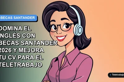 Ilustración vectorial plana de una mujer profesional de teletrabajo sonriendo, con fondo degradado azul y naranja. Representa la beca de inglés Santander.