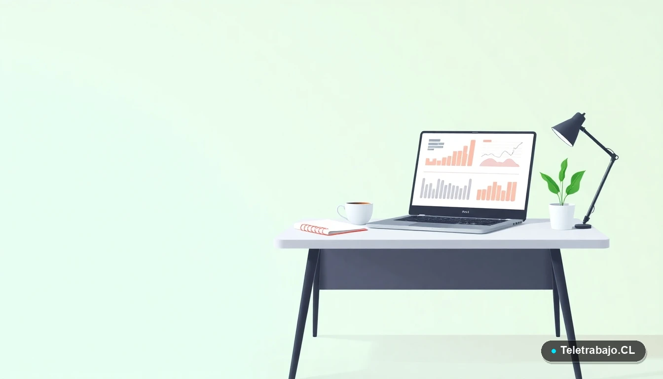 Escritorio moderno y minimalista para teletrabajo con laptop, taza de café y planta, en estilo de ilustración vectorial plana con fondo degradado verde menta.