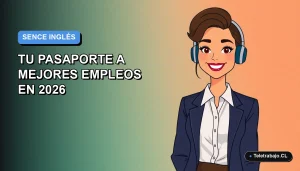 Ilustración plana vectorial de una mujer profesional de teletrabajo sonriendo, con fondo degradado azul y naranja. Programa de inglés gratuito SENCE.