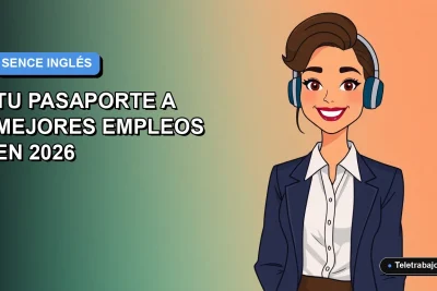 Ilustración plana vectorial de una mujer profesional de teletrabajo sonriendo, con fondo degradado azul y naranja. Programa de inglés gratuito SENCE.