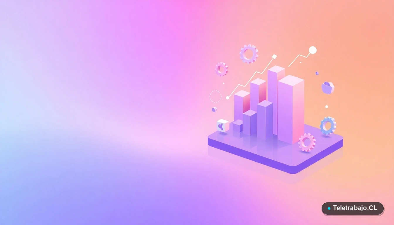 Elementos de interfaz de usuario abstractos y modernos, con gráficos y engranajes flotantes, representando habilidades tecnológicas y aprendizaje. Fondo degradado lila y melocotón.