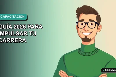 Ilustración plana vectorial de un trabajador masculino de tecnología, con suéter verde, mirando confiado. Fondo con gradiente suave de color teal. Oferta de cursos de inglés y portugués gratuitos con SENCE para impulsar tu carrera profesional.