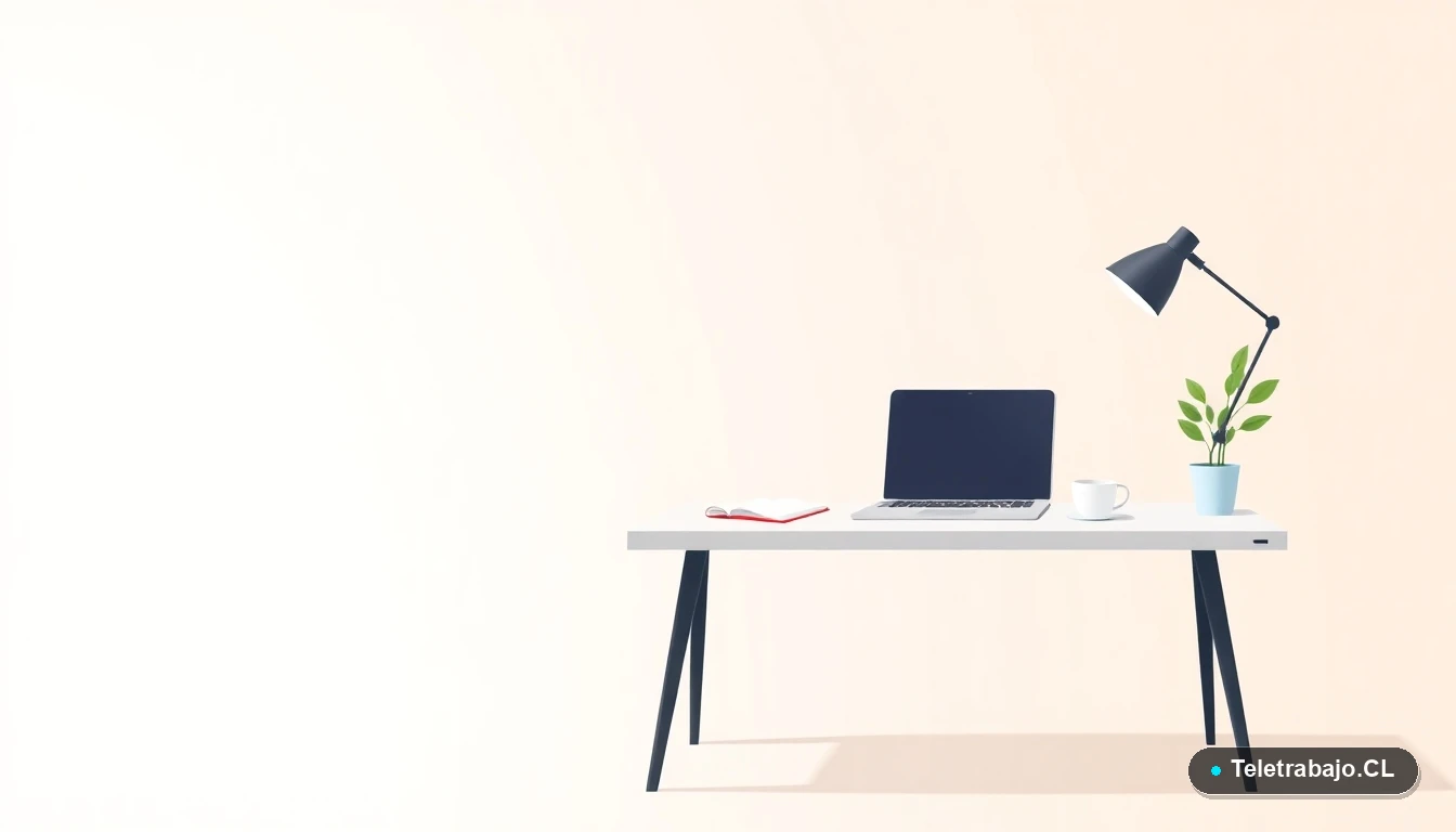 Escritorio moderno minimalista con laptop, cuaderno, taza de café y una planta. Fondo con gradiente suave color menta. Representa el espacio de trabajo ideal para estudiar idiomas en línea de forma remota.