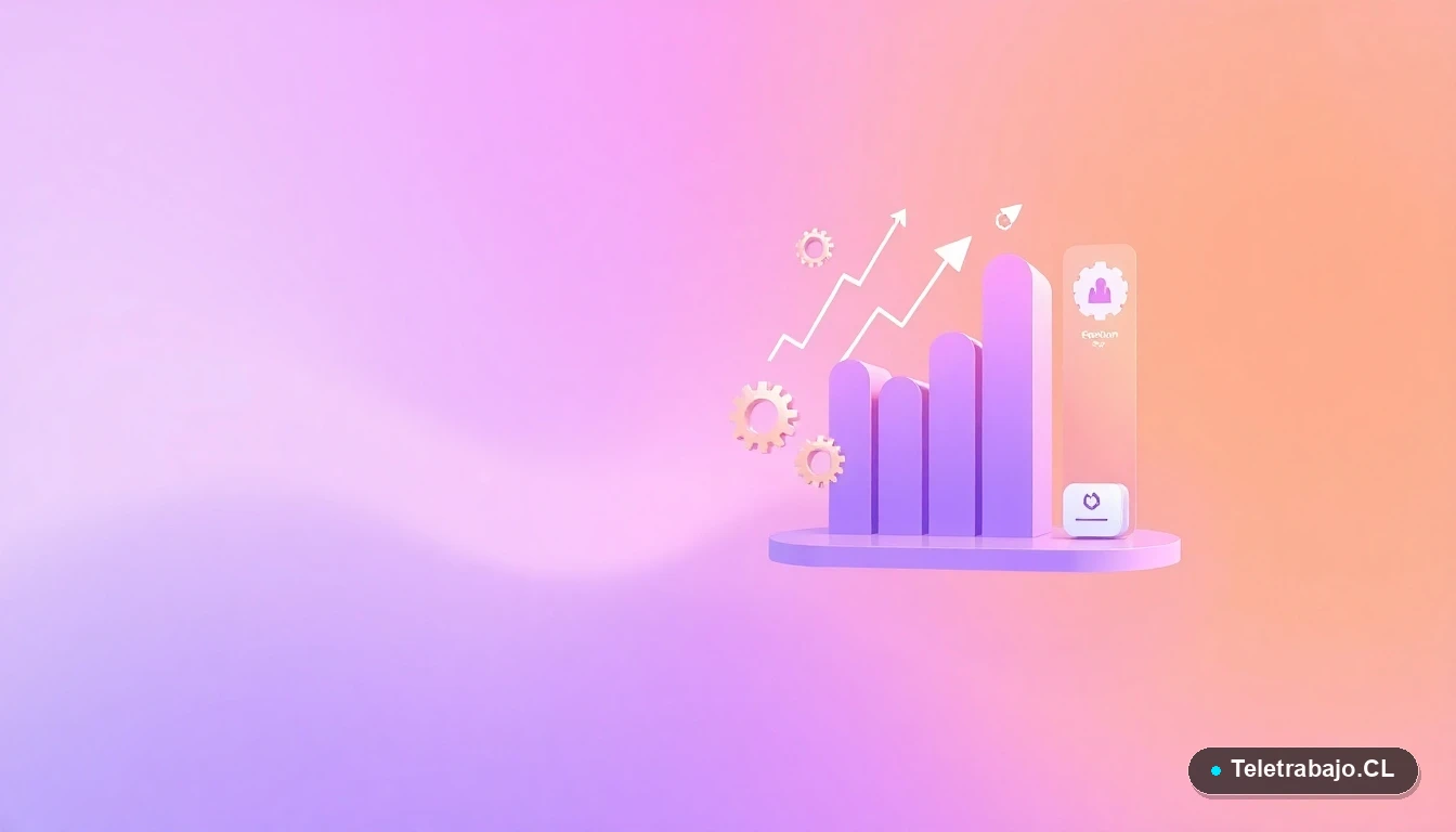 Elementos de interfaz de usuario abstractos: gráficos, engranajes y carpetas flotantes en tonos lavanda y durazno, fondo degradado, concepto de datos y tecnología.
