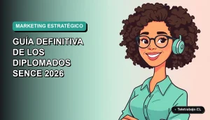 Ilustración plana vectorial de una mujer profesional de marketing digital sonriendo, con fondo degradado verde azulado. Representa los diplomados SENCE 2026.