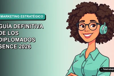 Ilustración plana vectorial de una mujer profesional de marketing digital sonriendo, con fondo degradado verde azulado. Representa los diplomados SENCE 2026.